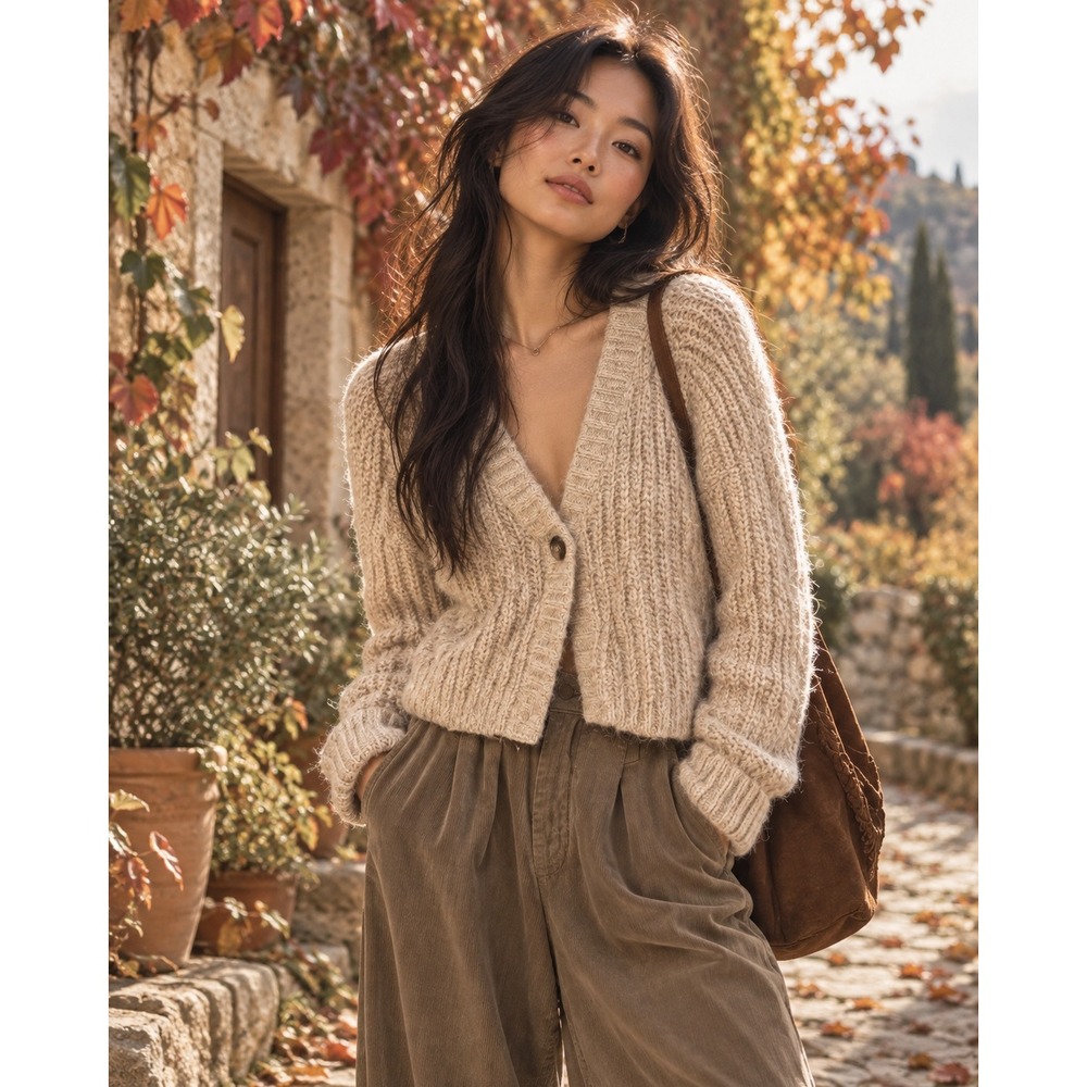 H&M Wool Alpaca Blend Cardigan Womens S Beige Chunky Knit V Neck Button Up